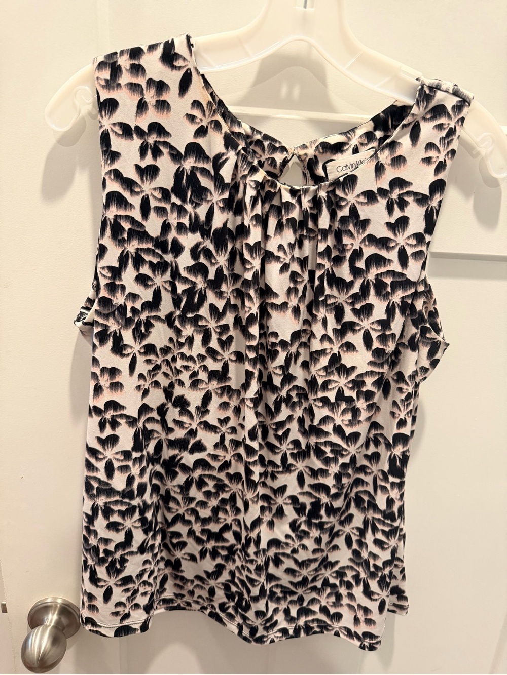 Calvin Klein XL Sleeveless Blouse Pink Black Floral Keyhole Career Top